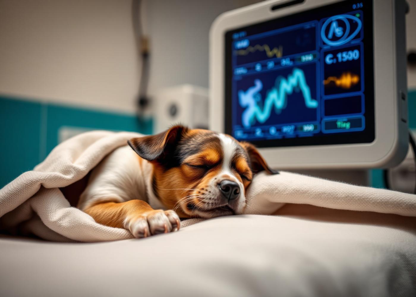 Small dog resting near a veterinary patient monitor