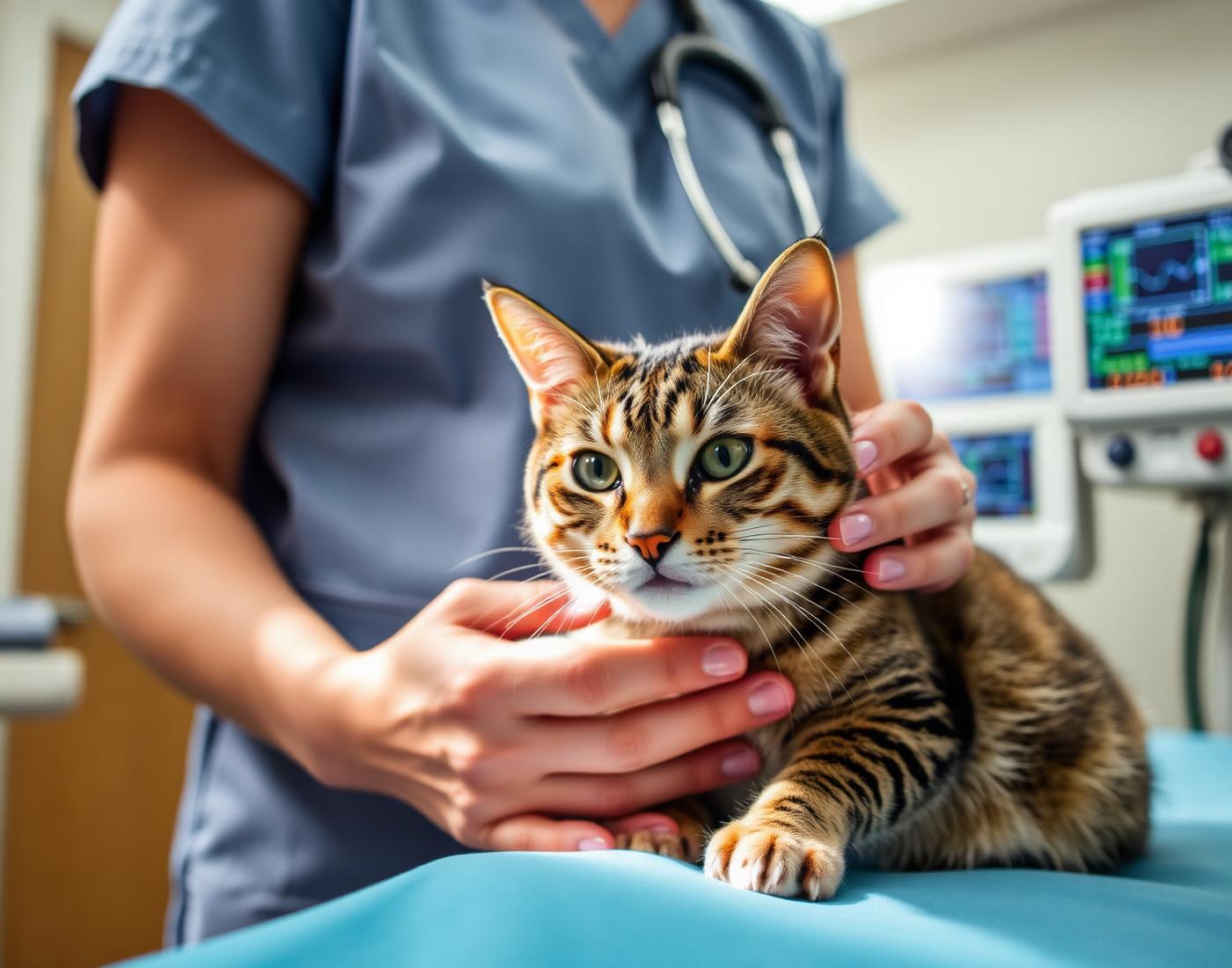 A veterinary technician gently caring for a cat